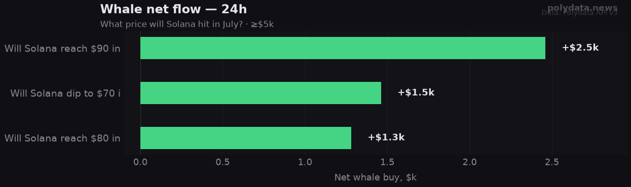 Chart: 24h whale net flow for 3 markets in What price will Solana hit in July?; strongest on Will Solana reach $90 in Jul (+$2.5k).