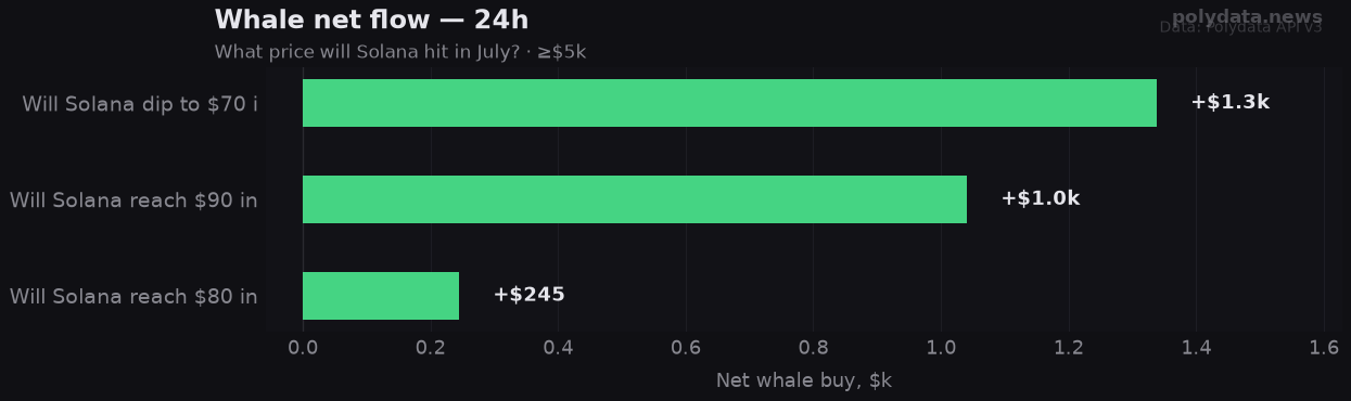 Chart: 24h whale net flow for 3 markets in What price will Solana hit in July?; strongest on Will Solana dip to $70 in Ju (+$1.3k).